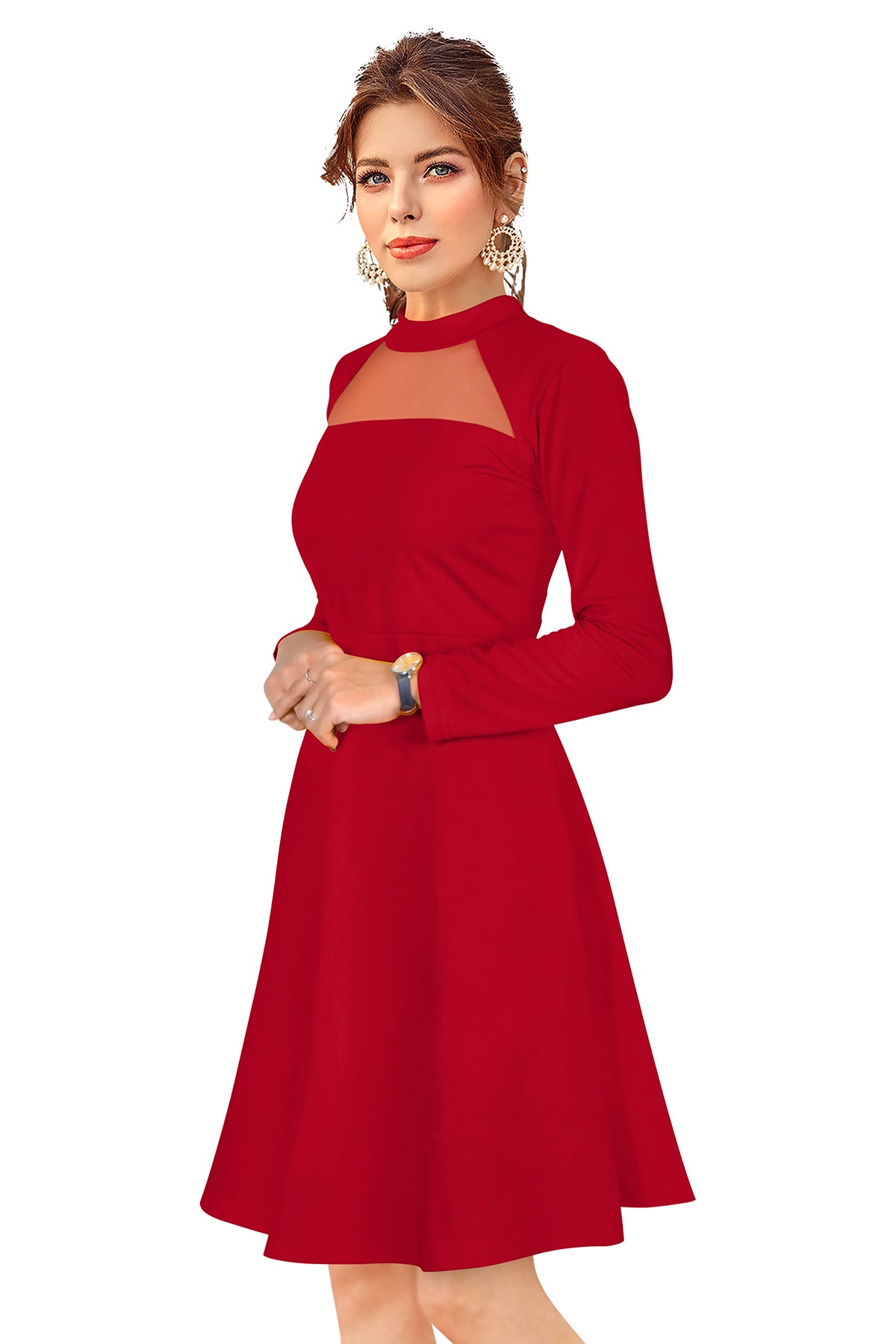 Red Solid Party Wear Bodycon Dress Designed with net