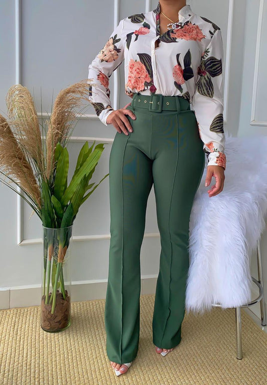 Casual Female Floral Print Shirt & Pants Wide Leg Suit Two Piece Sets