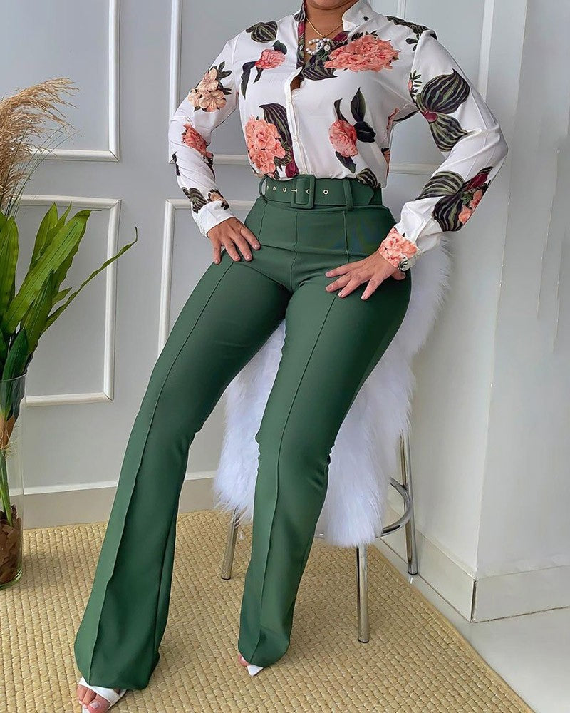 Casual Female Floral Print Shirt & Pants Wide Leg Suit Two Piece Sets