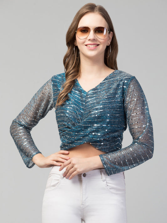 Women Girls Knot Style Tinsel Bling Top