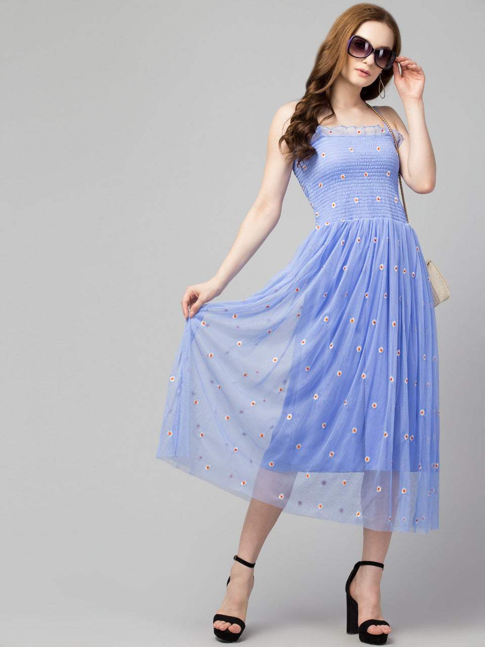 Flower Embroidered Party Dress light blue