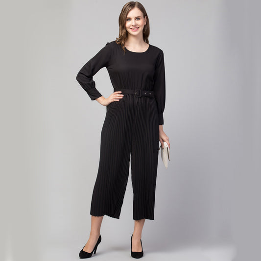 Women Girls Pleated & Gathered Belted Style Long Sleeves Round Neck Solid Black Jumpsuit