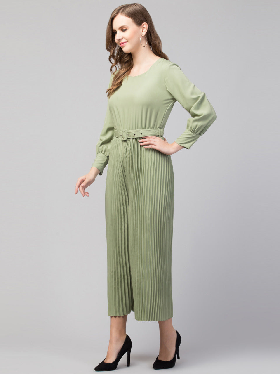 Women Girls Pleated & Gathered Belted Style Long Sleeves Round Neck Solid Jumpsuit