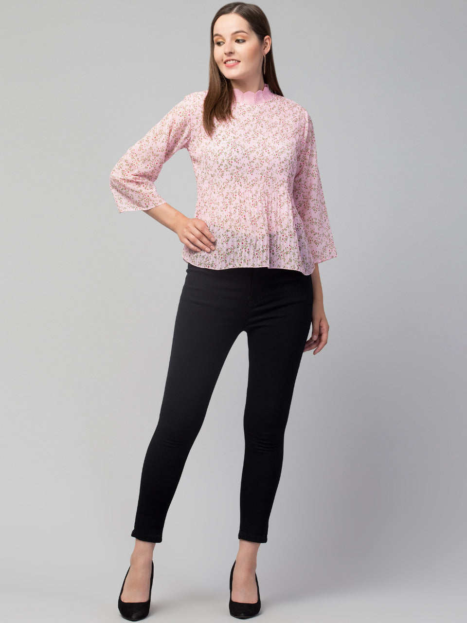 Women Pleated Ribbed Neck Pink Floral Top