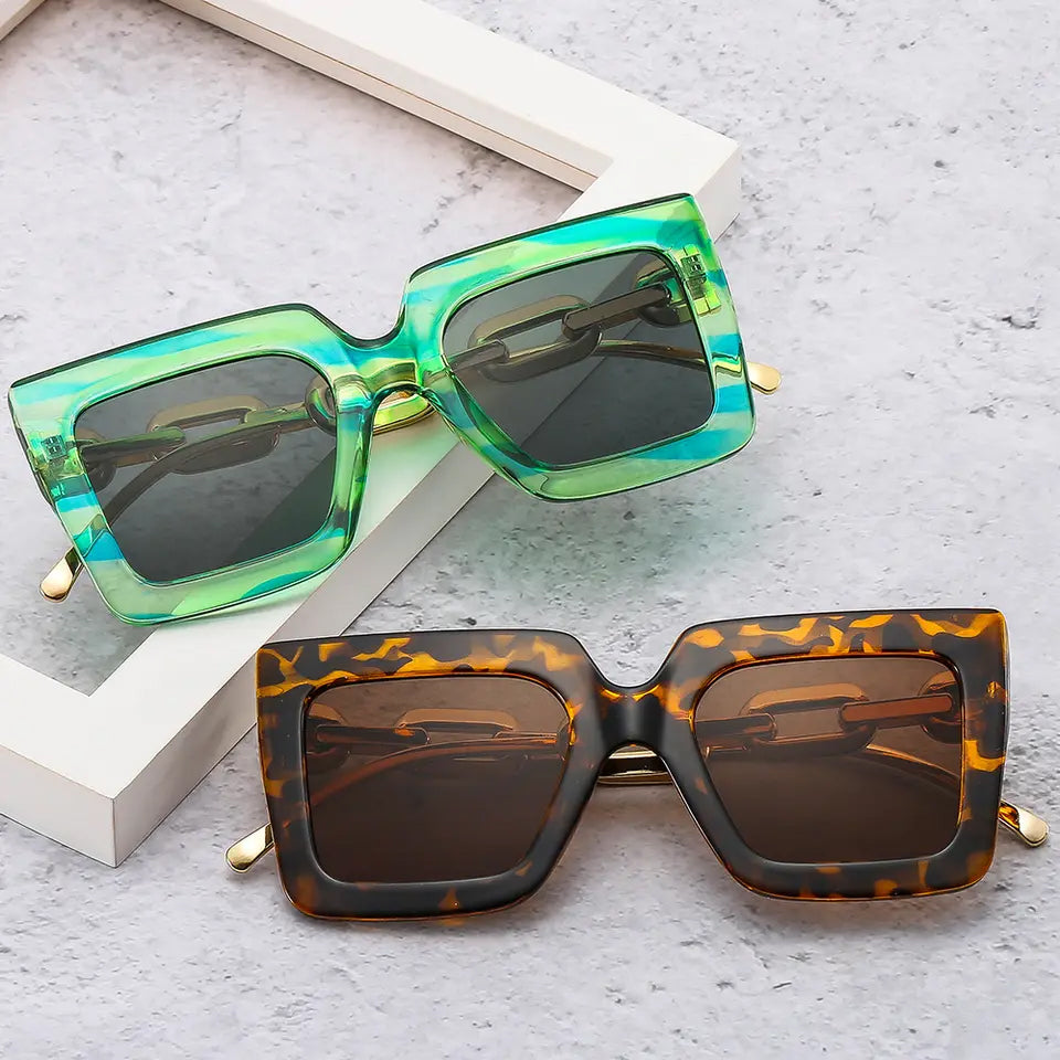 Metal Chain Square Oversized Green Shade Frame Sunglasses for Women