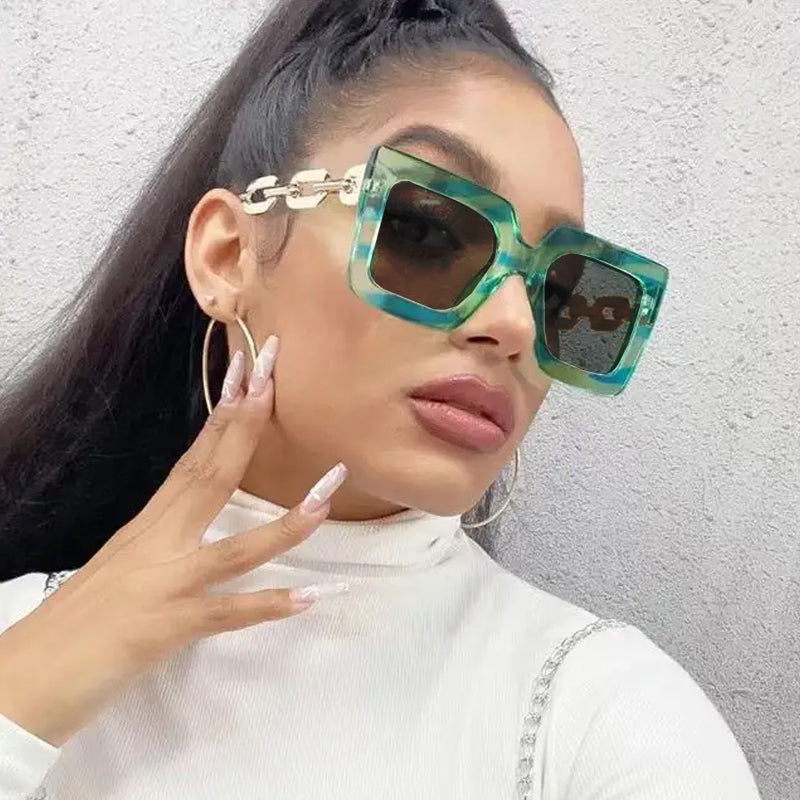 Metal Chain Square Oversized Green Shade Frame Sunglasses for Women